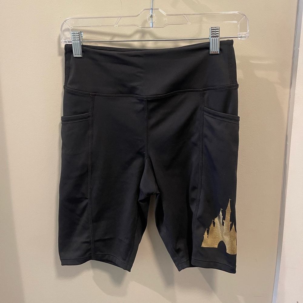 Black Biker Short Disney Leggings with Gold Castle Design